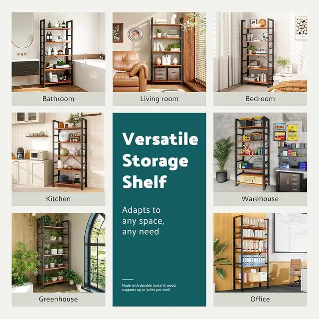 Alt view image 3 of 7 - Book Shelf 5 Tier Modern Bookcase Sturdy Metal Storage Organizer Books/CDs/Magazines Industrial Open Display Shelf for Bedroom Home Office Kitchen Living Room, Rustic