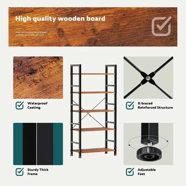 Alt view image 5 of 7 - Book Shelf 5 Tier Modern Bookcase Sturdy Metal Storage Organizer Books/CDs/Magazines Industrial Open Display Shelf for Bedroom Home Office Kitchen Living Room, Rustic