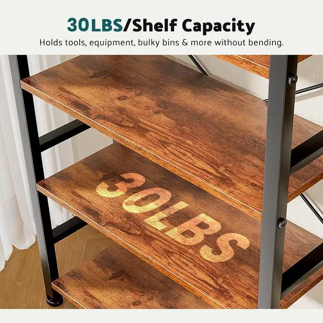Alt view image 6 of 7 - Book Shelf 5 Tier Modern Bookcase Sturdy Metal Storage Organizer Books/CDs/Magazines Industrial Open Display Shelf for Bedroom Home Office Kitchen Living Room, Rustic