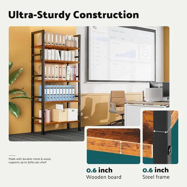 Alt view image 4 of 7 - Book Shelf 5 Tier Modern Bookcase Sturdy Metal Storage Organizer Books/CDs/Magazines Industrial Open Display Shelf for Bedroom Home Office Kitchen Living Room, Rustic