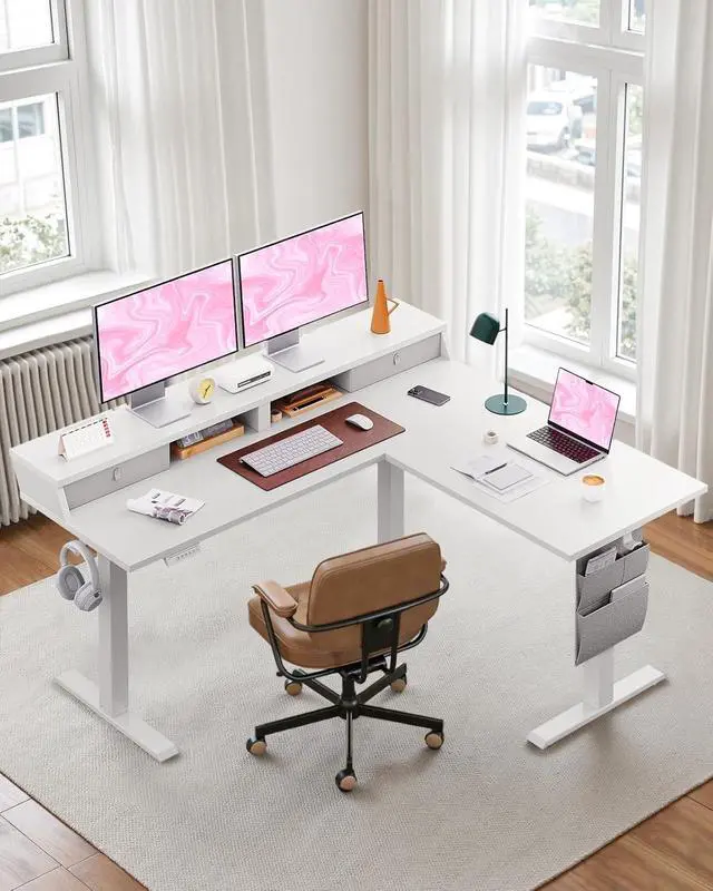 Alt view image 2 of 7 - L Shaped Electric Standing Desk, 63" Ergonomic Corner Height Adjustable Desk with Drawers, Sit Stand Computer Table with Storage for Work Office Home, White