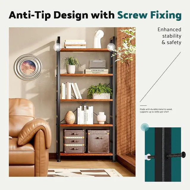 Alt view image 7 of 7 - Book Shelf 5 Tier Modern Bookcase Sturdy Metal Storage Organizer Books/CDs/Magazines Industrial Open Display Shelf for Bedroom Home Office Kitchen Living Room, Rustic