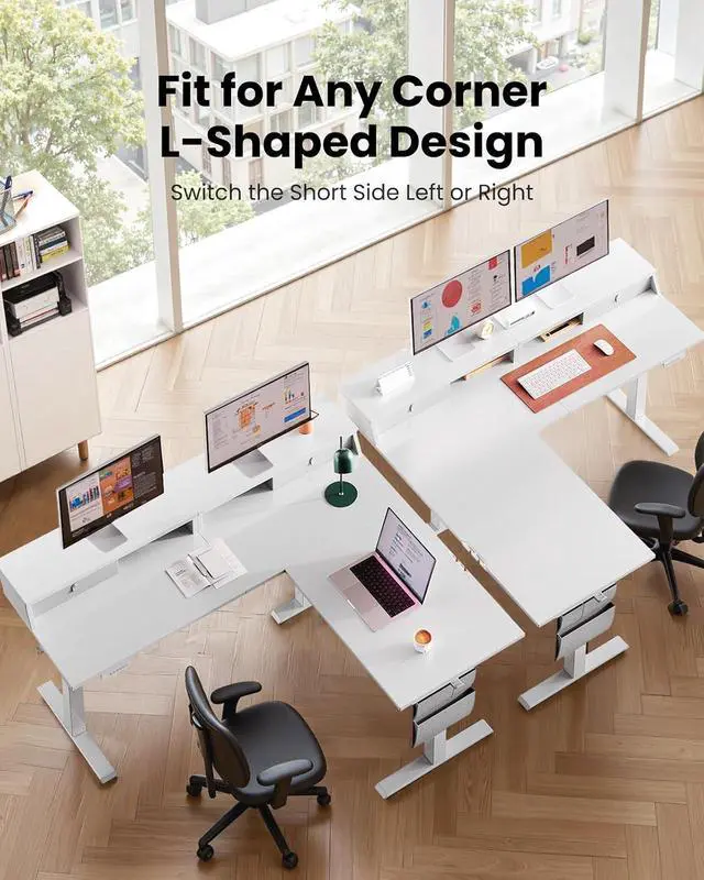 Alt view image 5 of 7 - L Shaped Electric Standing Desk, 63" Ergonomic Corner Height Adjustable Desk with Drawers, Sit Stand Computer Table with Storage for Work Office Home, White