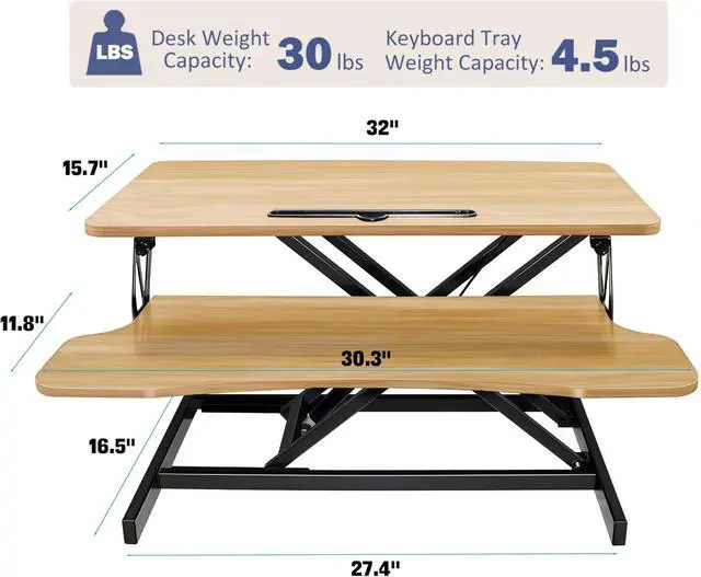 Alt view image 2 of 7 - 32 Inch Height Adjustable Stand Up Desk Riser, Heavy Duty Computer Workstation with Removable Keyboard Tray - Ergonomic Design for Home Office Workshop Gaming, Spacious Platform(Natural)