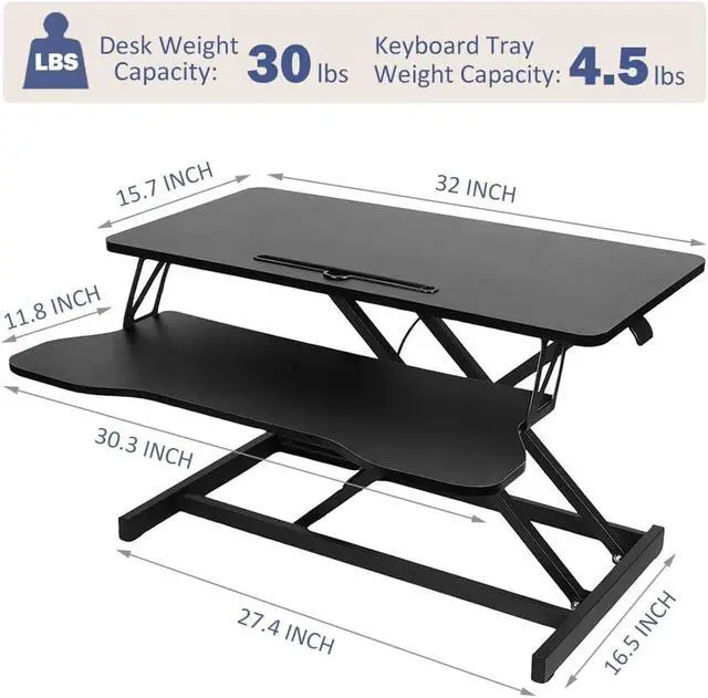 Alt view image 3 of 7 - Standing Desk Converter 32 Inch, Height Adjustable Sit-Stand Workstation, Dual Monitor Riser with Wide Keyboard Tray - Office & Home Use, Black (Black)