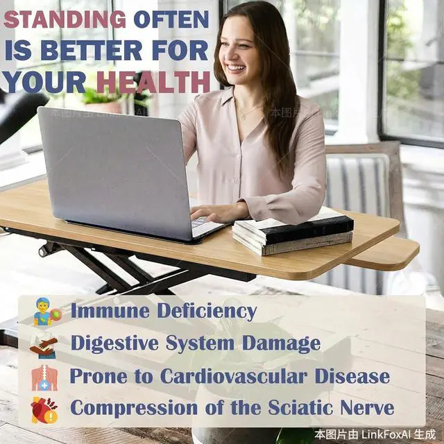 Alt view image 4 of 7 - 32 Inch Height Adjustable Stand Up Desk Riser, Heavy Duty Computer Workstation with Removable Keyboard Tray - Ergonomic Design for Home Office Workshop Gaming, Spacious Platform(Natural)