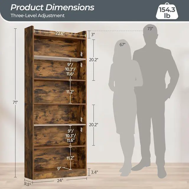 Alt view image 3 of 13 - 7-Tier Open Bookcase and Bookshelf, Modern Simple Floor Standing Display Storage Shelves with Top Open Compartment for Home Office, Study, Living Room - Rustic Brown