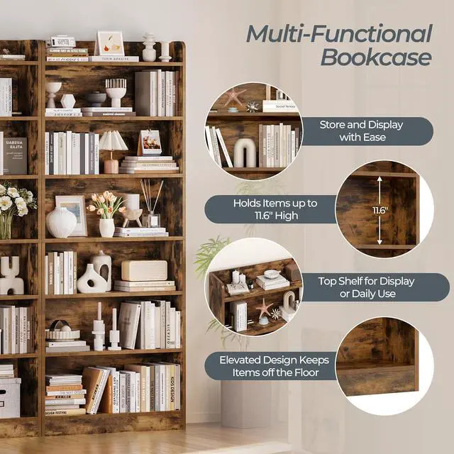 Alt view image 7 of 13 - 7-Tier Open Bookcase and Bookshelf, Modern Simple Floor Standing Display Storage Shelves with Top Open Compartment for Home Office, Study, Living Room - Rustic Brown