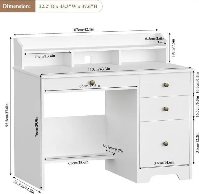 Alt view image 2 of 7 - Computer Desk with Drawers and Hutch Shelf, Wood Executive Desk Writing Study Table with 43 Wide Tabletop, Small Desk with File Drawer for Home Office Bedroom, White