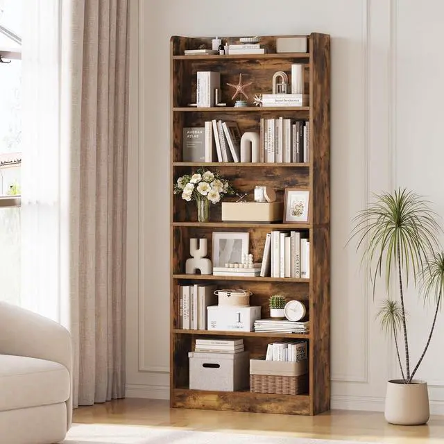 Alt view image 2 of 13 - 7-Tier Open Bookcase and Bookshelf, Modern Simple Floor Standing Display Storage Shelves with Top Open Compartment for Home Office, Study, Living Room - Rustic Brown