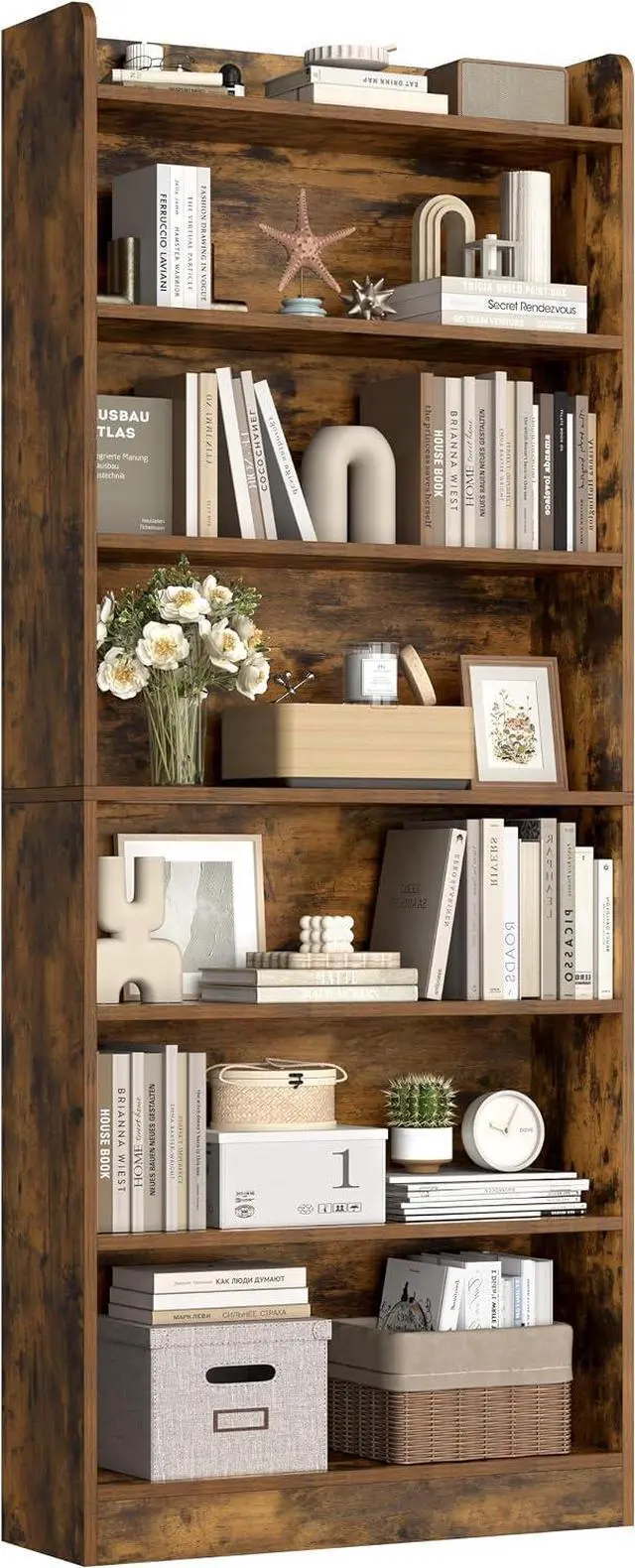 Main image of 7-Tier Open Bookcase and Bookshelf, Modern Simple Floor Standing Display Storage Shelves with Top Open Compartment for Home Office, Study, Living Room - Rustic Brown