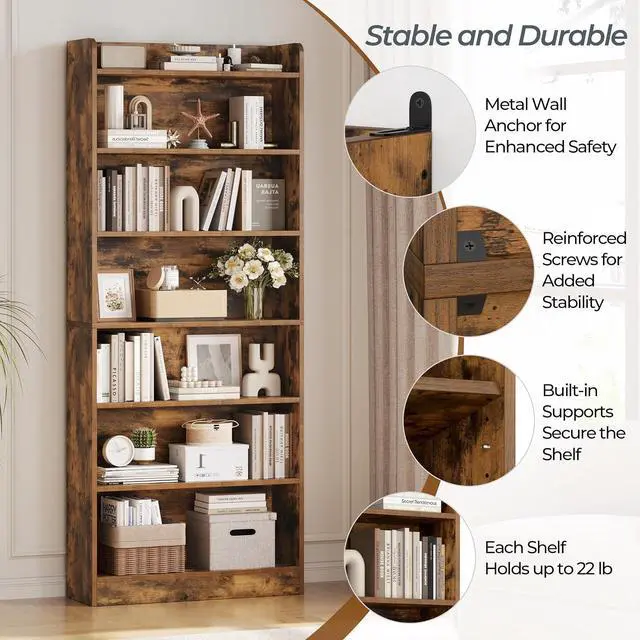 Alt view image 4 of 13 - 7-Tier Open Bookcase and Bookshelf, Modern Simple Floor Standing Display Storage Shelves with Top Open Compartment for Home Office, Study, Living Room - Rustic Brown