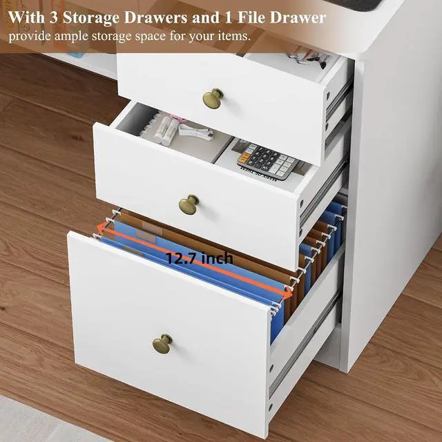 Alt view image 4 of 7 - Computer Desk with Drawers and Hutch Shelf, Wood Executive Desk Writing Study Table with 43 Wide Tabletop, Small Desk with File Drawer for Home Office Bedroom, White