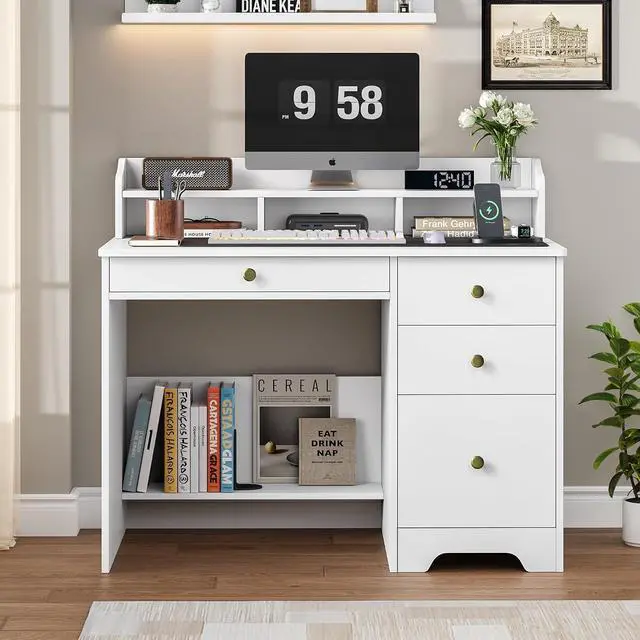 Alt view image 3 of 7 - Computer Desk with Drawers and Hutch Shelf, Wood Executive Desk Writing Study Table with 43 Wide Tabletop, Small Desk with File Drawer for Home Office Bedroom, White