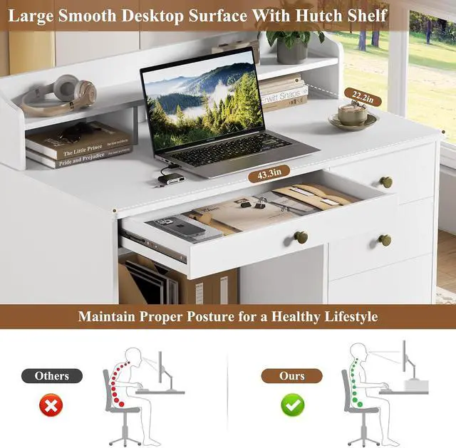 Alt view image 5 of 7 - Computer Desk with Drawers and Hutch Shelf, Wood Executive Desk Writing Study Table with 43 Wide Tabletop, Small Desk with File Drawer for Home Office Bedroom, White
