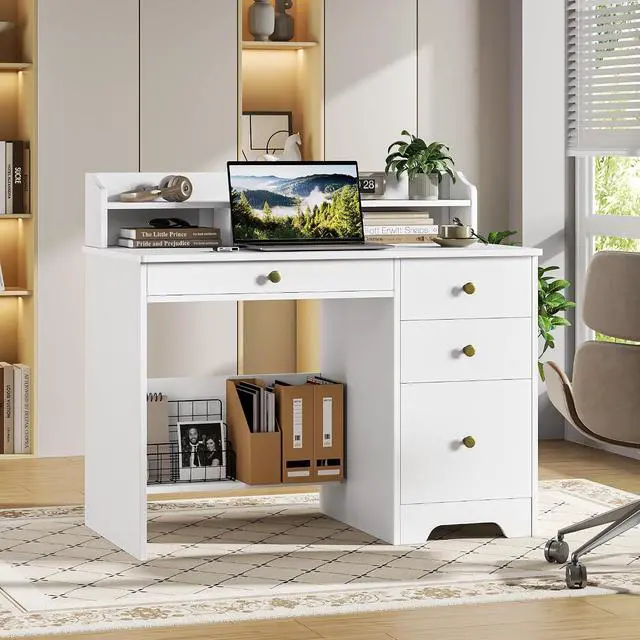 Alt view image 6 of 7 - Computer Desk with Drawers and Hutch Shelf, Wood Executive Desk Writing Study Table with 43 Wide Tabletop, Small Desk with File Drawer for Home Office Bedroom, White