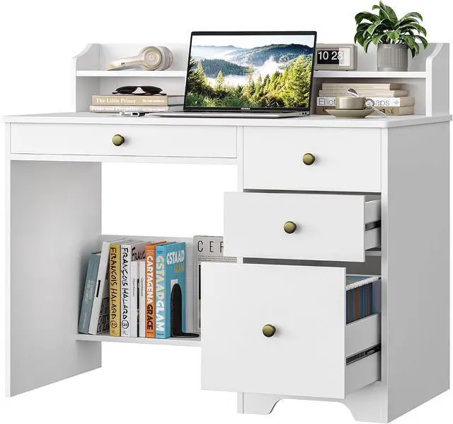 Alt view image 7 of 7 - Computer Desk with Drawers and Hutch Shelf, Wood Executive Desk Writing Study Table with 43 Wide Tabletop, Small Desk with File Drawer for Home Office Bedroom, White