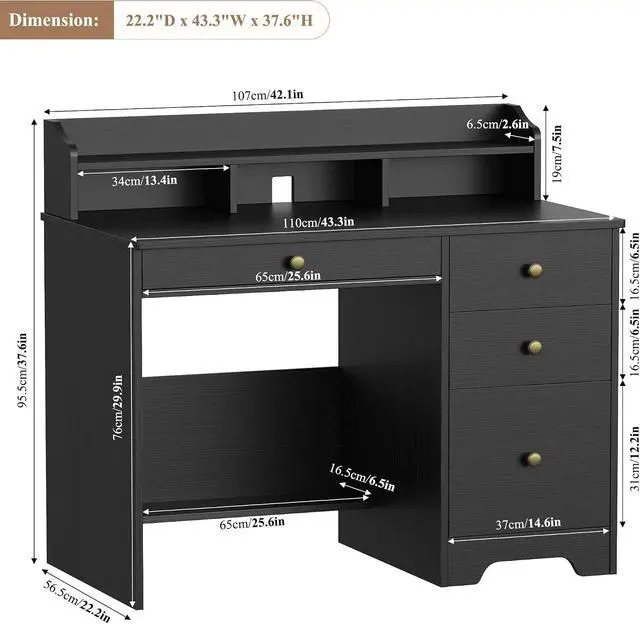 Alt view image 2 of 7 - Computer Desk with Drawers and Hutch Shelf, Wood Executive Desk Writing Study Table with 43 Wide Tabletop, Small Desk with File Drawer for Home Office Bedroom, Black