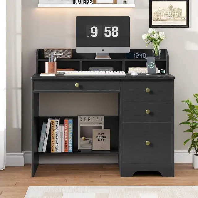 Alt view image 3 of 7 - Computer Desk with Drawers and Hutch Shelf, Wood Executive Desk Writing Study Table with 43 Wide Tabletop, Small Desk with File Drawer for Home Office Bedroom, Black
