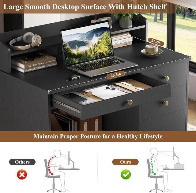 Alt view image 5 of 7 - Computer Desk with Drawers and Hutch Shelf, Wood Executive Desk Writing Study Table with 43 Wide Tabletop, Small Desk with File Drawer for Home Office Bedroom, Black