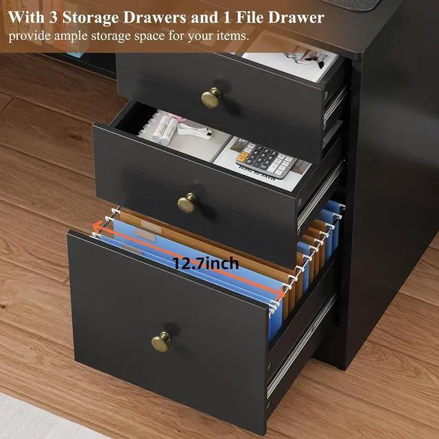 Alt view image 4 of 7 - Computer Desk with Drawers and Hutch Shelf, Wood Executive Desk Writing Study Table with 43 Wide Tabletop, Small Desk with File Drawer for Home Office Bedroom, Black