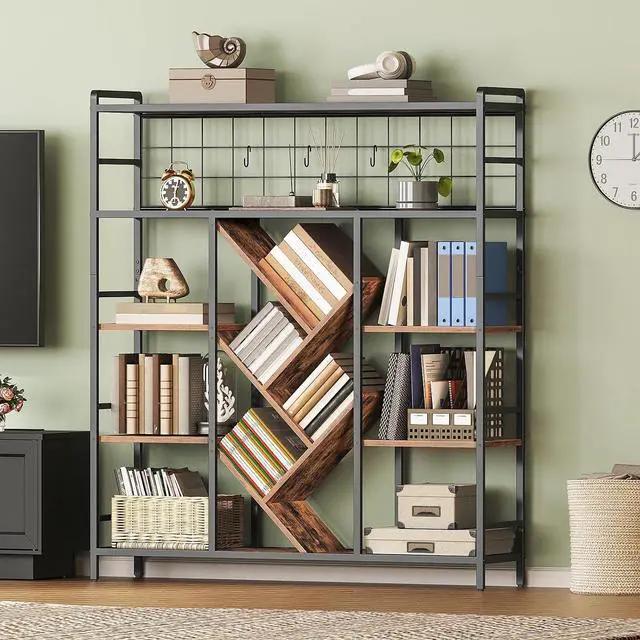 Main image of Triple 5-Tier Bookshelf, Industrial Large Bookcase with 14 Open Display Shelves, Modern Tree Bookcase with Metal Frame and Hanging Function for Living Room, Home Office, Rustic Brown and Black
