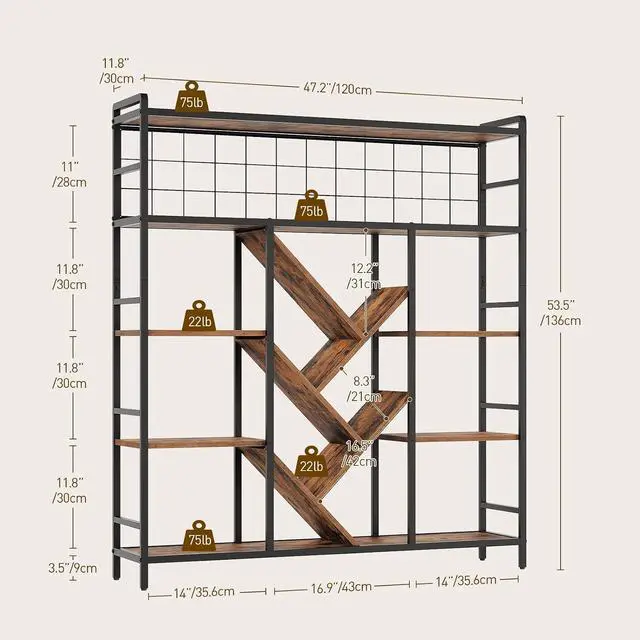 Alt view image 2 of 7 - Triple 5-Tier Bookshelf, Industrial Large Bookcase with 14 Open Display Shelves, Modern Tree Bookcase with Metal Frame and Hanging Function for Living Room, Home Office, Rustic Brown and Black