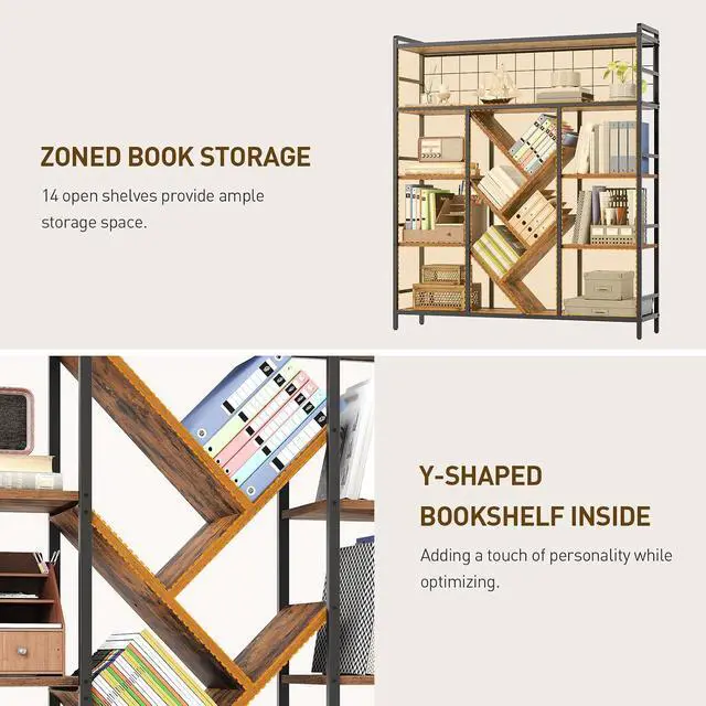 Alt view image 5 of 7 - Triple 5-Tier Bookshelf, Industrial Large Bookcase with 14 Open Display Shelves, Modern Tree Bookcase with Metal Frame and Hanging Function for Living Room, Home Office, Rustic Brown and Black