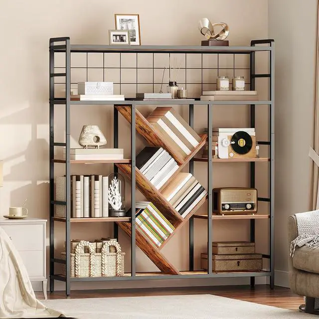 Alt view image 7 of 7 - Triple 5-Tier Bookshelf, Industrial Large Bookcase with 14 Open Display Shelves, Modern Tree Bookcase with Metal Frame and Hanging Function for Living Room, Home Office, Rustic Brown and Black