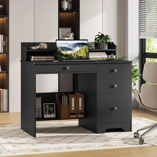 Alt view image 6 of 7 - Computer Desk with Drawers and Hutch Shelf, Wood Executive Desk Writing Study Table with 43 Wide Tabletop, Small Desk with File Drawer for Home Office Bedroom, Black