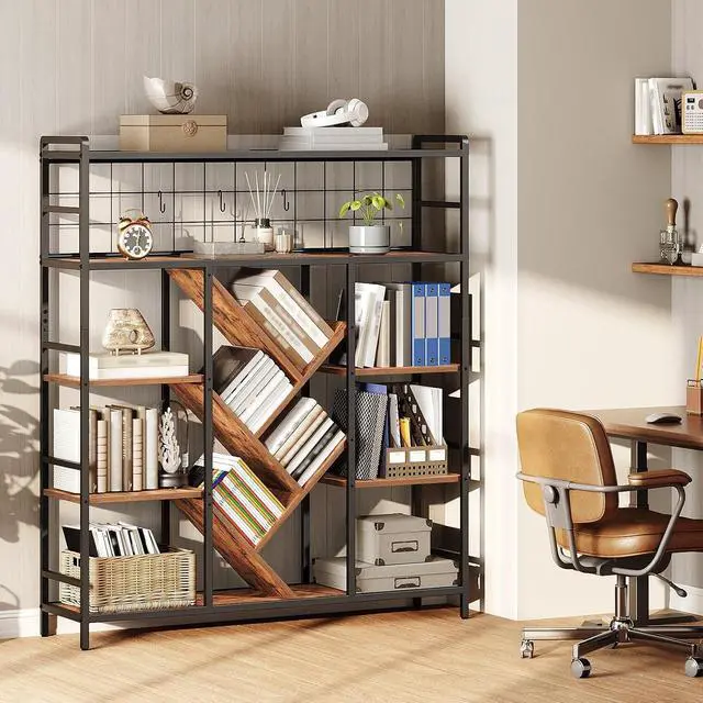 Alt view image 3 of 7 - Triple 5-Tier Bookshelf, Industrial Large Bookcase with 14 Open Display Shelves, Modern Tree Bookcase with Metal Frame and Hanging Function for Living Room, Home Office, Rustic Brown and Black