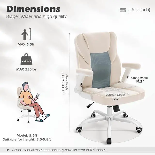 Alt view image 3 of 7 - Home Office Desk Chairs with Wheels and Armrests,Office Chair Comfortable Ergonomic Mesh with Teddy Fleece Fabric Executive Computer Chairs for Adults and Teens,Beige