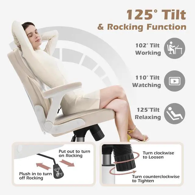 Alt view image 6 of 7 - Home Office Desk Chairs with Wheels and Armrests,Office Chair Comfortable Ergonomic Mesh with Teddy Fleece Fabric Executive Computer Chairs for Adults and Teens,Beige