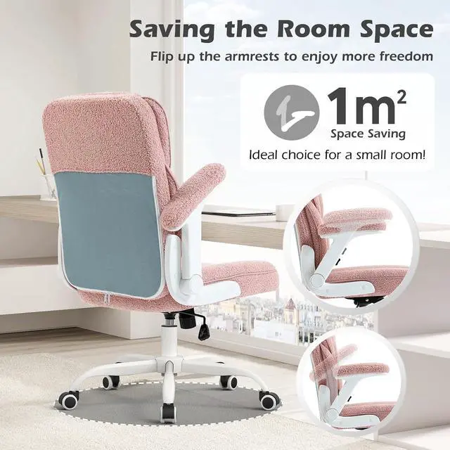Alt view image 4 of 7 - Pink Home Desk Office Chair with Arms and Wheels, Comfortable Executive Computer Chair, Breathable Mesh and Teddy Fleece Fabric Swivel Task Chairs for Women&Girls