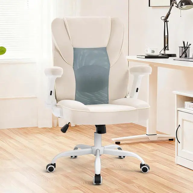 Alt view image 2 of 7 - Home Office Desk Chairs with Wheels and Armrests,Office Chair Comfortable Ergonomic Mesh with Teddy Fleece Fabric Executive Computer Chairs for Adults and Teens,Beige