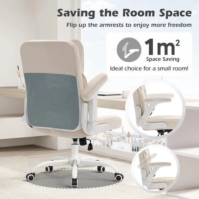 Alt view image 4 of 7 - Home Office Desk Chairs with Wheels and Armrests,Office Chair Comfortable Ergonomic Mesh with Teddy Fleece Fabric Executive Computer Chairs for Adults and Teens,Beige