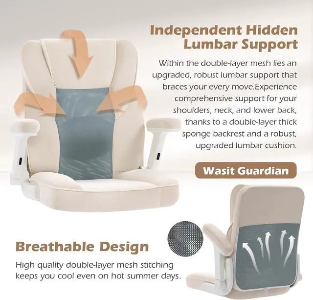 Alt view image 5 of 7 - Home Office Desk Chairs with Wheels and Armrests,Office Chair Comfortable Ergonomic Mesh with Teddy Fleece Fabric Executive Computer Chairs for Adults and Teens,Beige