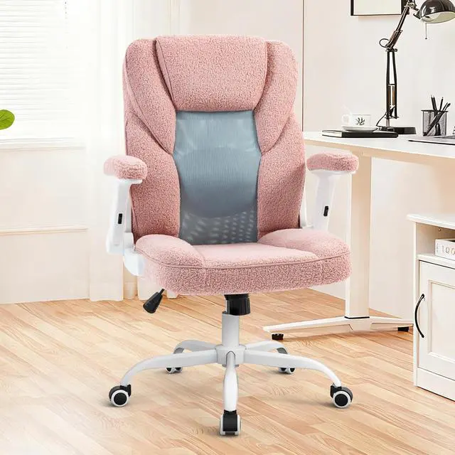 Alt view image 2 of 7 - Pink Home Desk Office Chair with Arms and Wheels, Comfortable Executive Computer Chair, Breathable Mesh and Teddy Fleece Fabric Swivel Task Chairs for Women&Girls