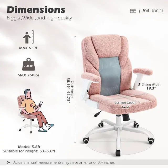 Alt view image 3 of 7 - Pink Home Desk Office Chair with Arms and Wheels, Comfortable Executive Computer Chair, Breathable Mesh and Teddy Fleece Fabric Swivel Task Chairs for Women&Girls