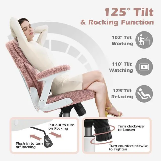 Alt view image 6 of 7 - Pink Home Desk Office Chair with Arms and Wheels, Comfortable Executive Computer Chair, Breathable Mesh and Teddy Fleece Fabric Swivel Task Chairs for Women&Girls