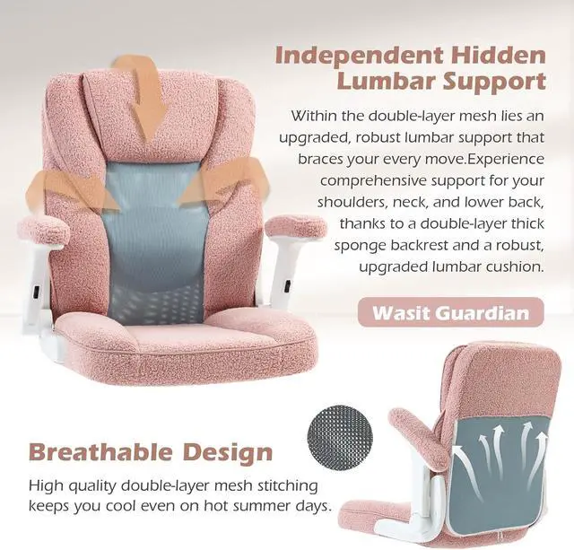Alt view image 7 of 7 - Pink Home Desk Office Chair with Arms and Wheels, Comfortable Executive Computer Chair, Breathable Mesh and Teddy Fleece Fabric Swivel Task Chairs for Women&Girls