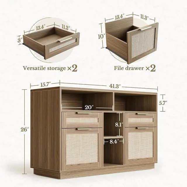 Alt view image 2 of 7 - 4 Drawer File Cabinet, Fluted Wood Lateral Filing Cabinet with Lock and Charging Station for Home Office, Printer Stand with Open Storage Shelves, Fits A4, Letter Size, Natural Oak