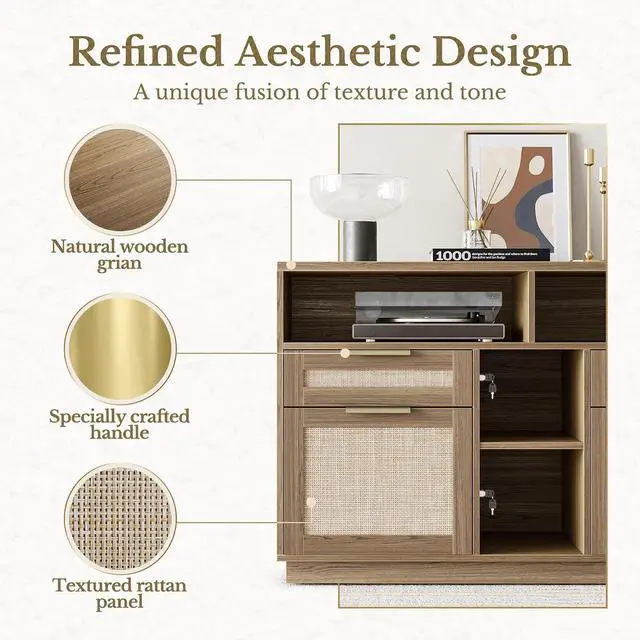 Alt view image 3 of 7 - 4 Drawer File Cabinet, Fluted Wood Lateral Filing Cabinet with Lock and Charging Station for Home Office, Printer Stand with Open Storage Shelves, Fits A4, Letter Size, Natural Oak