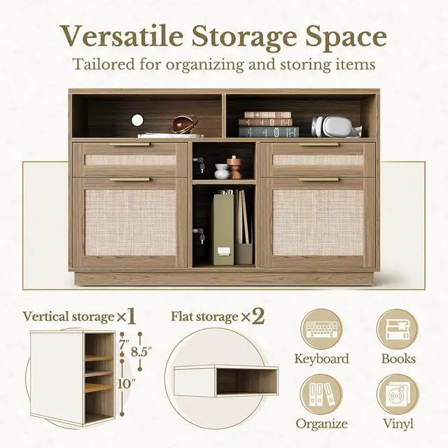 Alt view image 4 of 7 - 4 Drawer File Cabinet, Fluted Wood Lateral Filing Cabinet with Lock and Charging Station for Home Office, Printer Stand with Open Storage Shelves, Fits A4, Letter Size, Natural Oak