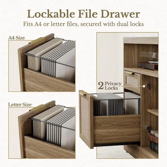Alt view image 5 of 7 - 4 Drawer File Cabinet, Fluted Wood Lateral Filing Cabinet with Lock and Charging Station for Home Office, Printer Stand with Open Storage Shelves, Fits A4, Letter Size, Natural Oak