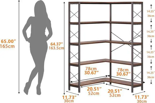 Alt view image 2 of 7 - 5-Shelf Corner Bookshelf, Vintage Industrial L-Shaped Bookshelf Etagere Bookcase, Large Book Shelf with Metal Frame Open Storage Corner Cabinet (Retro Brown-5 Shelf)