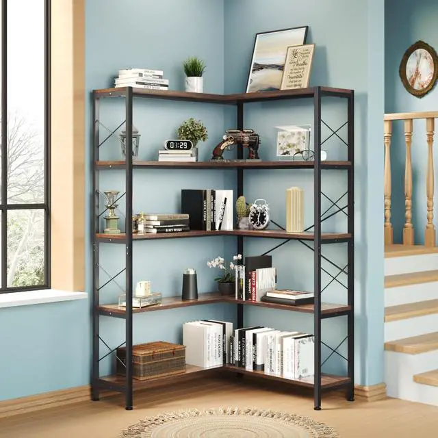 Main image of 5-Shelf Corner Bookshelf, Vintage Industrial L-Shaped Bookshelf Etagere Bookcase, Large Book Shelf with Metal Frame Open Storage Corner Cabinet (Retro Brown-5 Shelf)