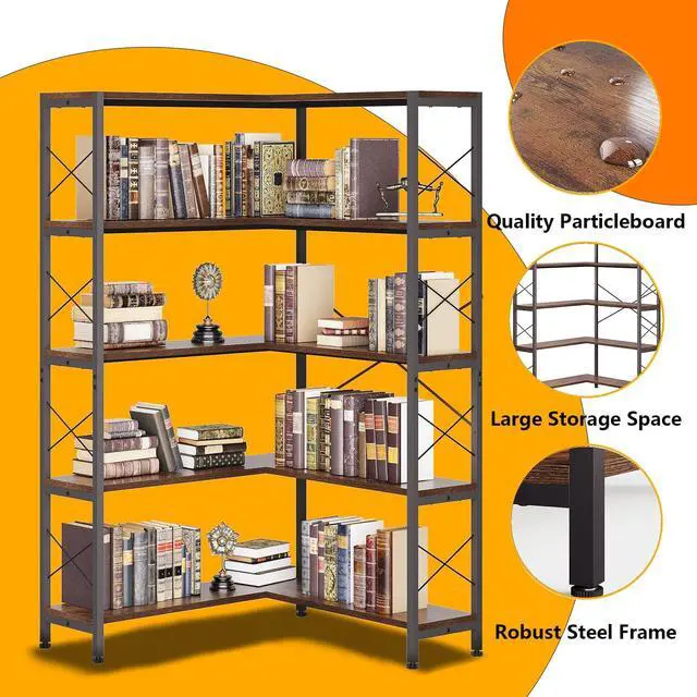 Alt view image 3 of 7 - 5-Shelf Corner Bookshelf, Vintage Industrial L-Shaped Bookshelf Etagere Bookcase, Large Book Shelf with Metal Frame Open Storage Corner Cabinet (Retro Brown-5 Shelf)