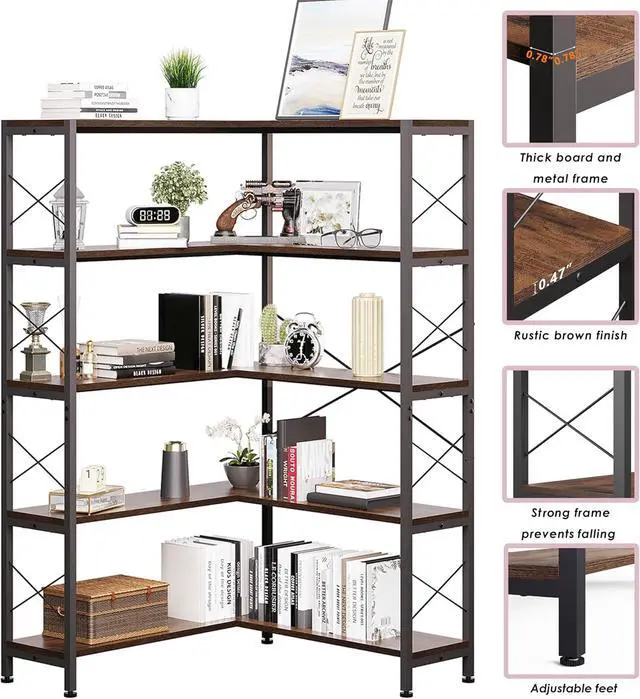 Alt view image 5 of 7 - 5-Shelf Corner Bookshelf, Vintage Industrial L-Shaped Bookshelf Etagere Bookcase, Large Book Shelf with Metal Frame Open Storage Corner Cabinet (Retro Brown-5 Shelf)