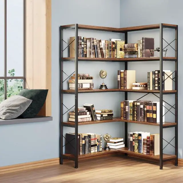 Alt view image 6 of 7 - 5-Shelf Corner Bookshelf, Vintage Industrial L-Shaped Bookshelf Etagere Bookcase, Large Book Shelf with Metal Frame Open Storage Corner Cabinet (Retro Brown-5 Shelf)
